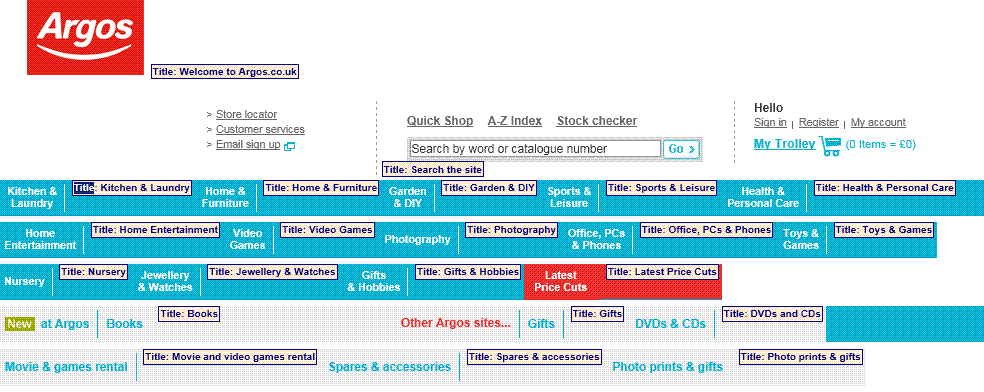 screenshot of part the Argos home page, with title attribute content displayed inline.