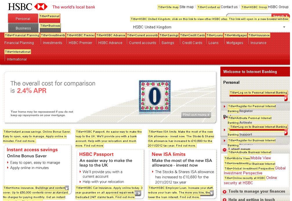screenshot of part the HSBC home page, with title attribute content displayed inline.