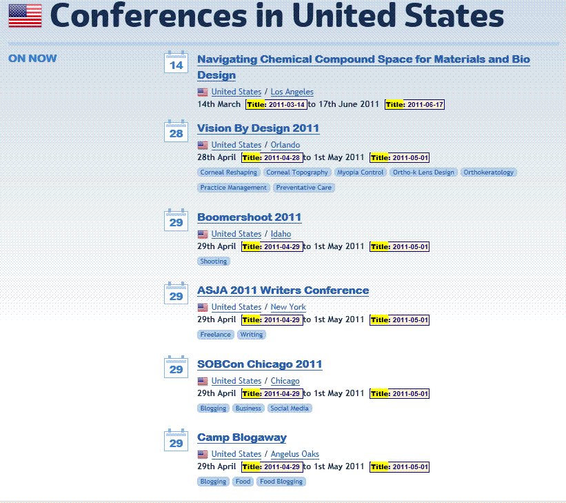 screenshot of part the Lanyrd, Conferences in the United States page, with title attribute content displayed inline.