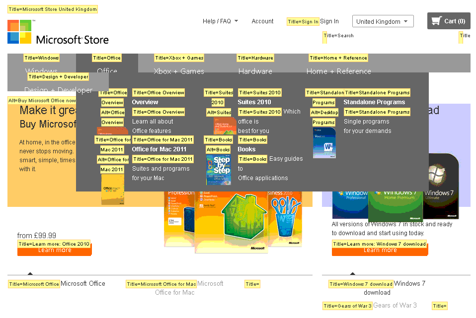 screenshot of part the Microsoft store home page, with title attribute content displayed inline.