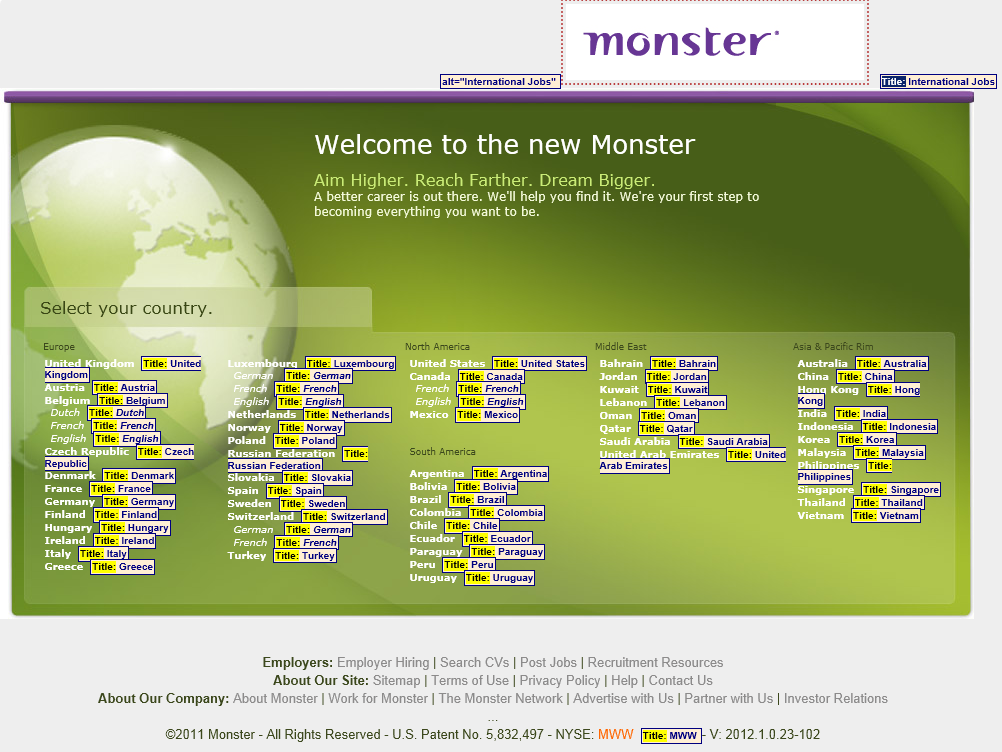 screenshot of part the Monster.co.uk location page, with title attribute content displayed inline.