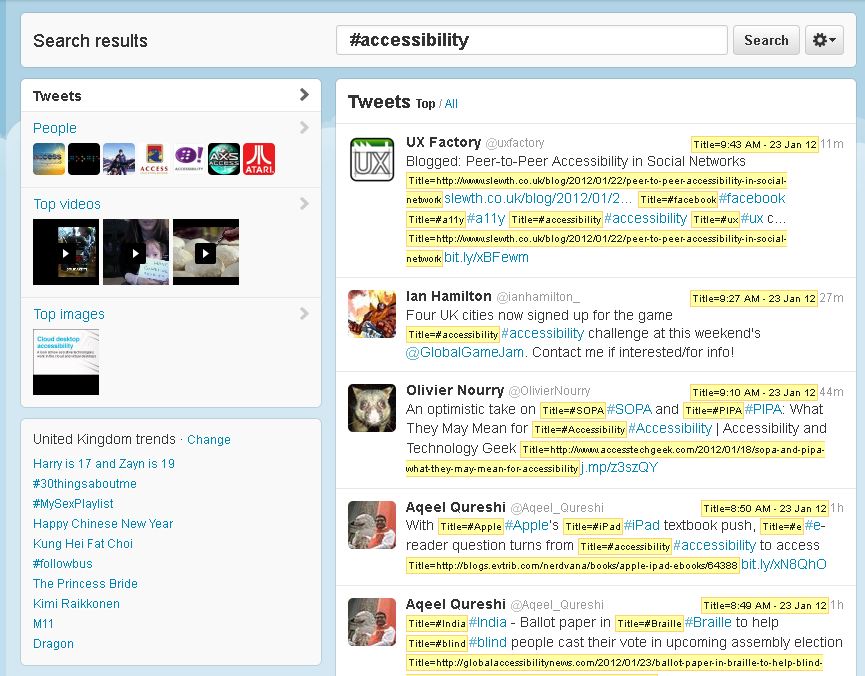 screenshot of part the Twitter search page results for #accessibility, with title attribute content displayed inline.